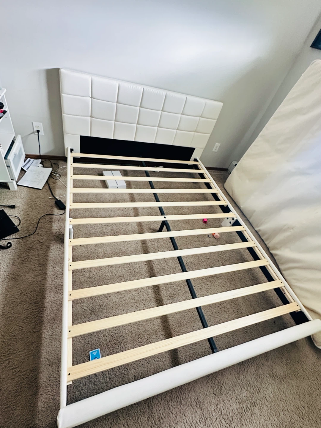 Queen White Upholstered Headboard Bed Frame