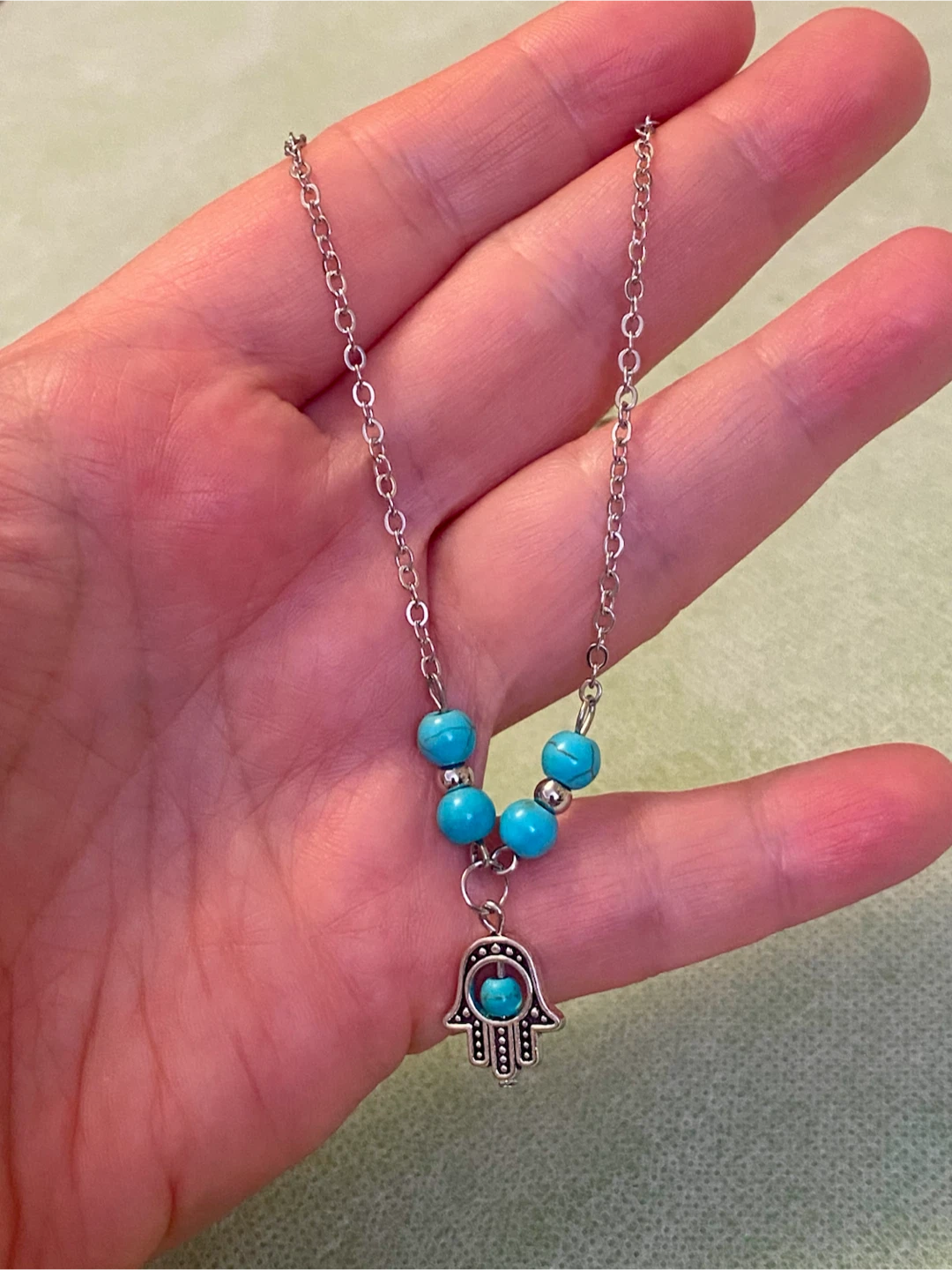 Silver Hamsa Hand Bracelet with Turquoise Beads