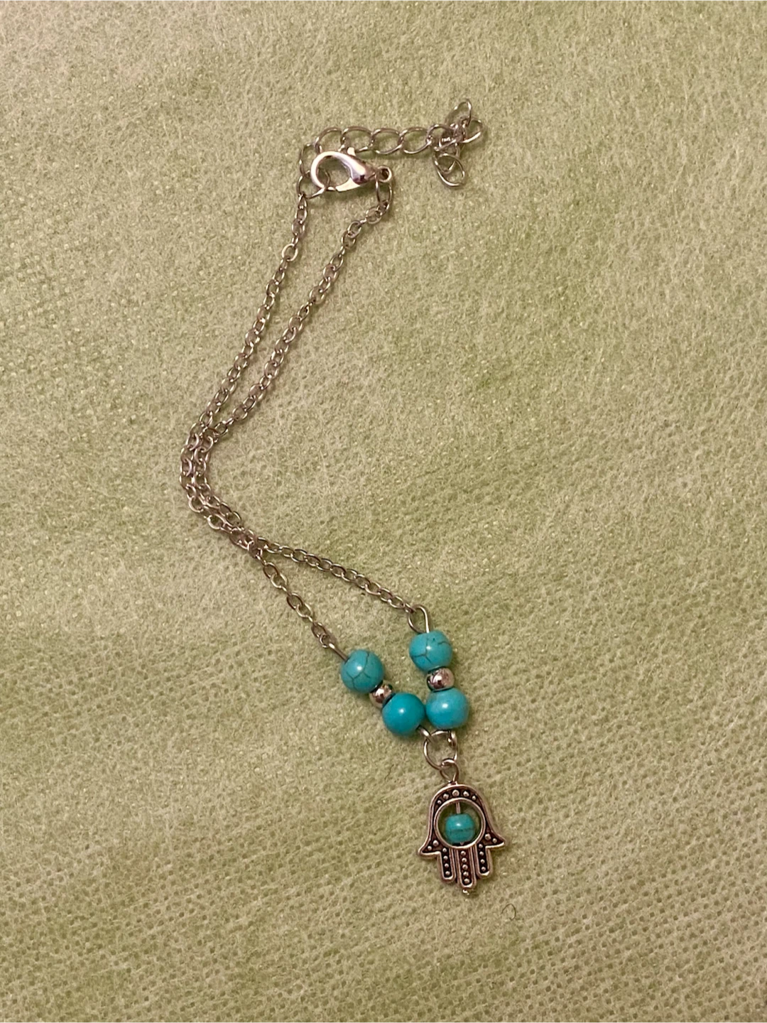 Silver Hamsa Hand Bracelet with Turquoise Beads - photo 2