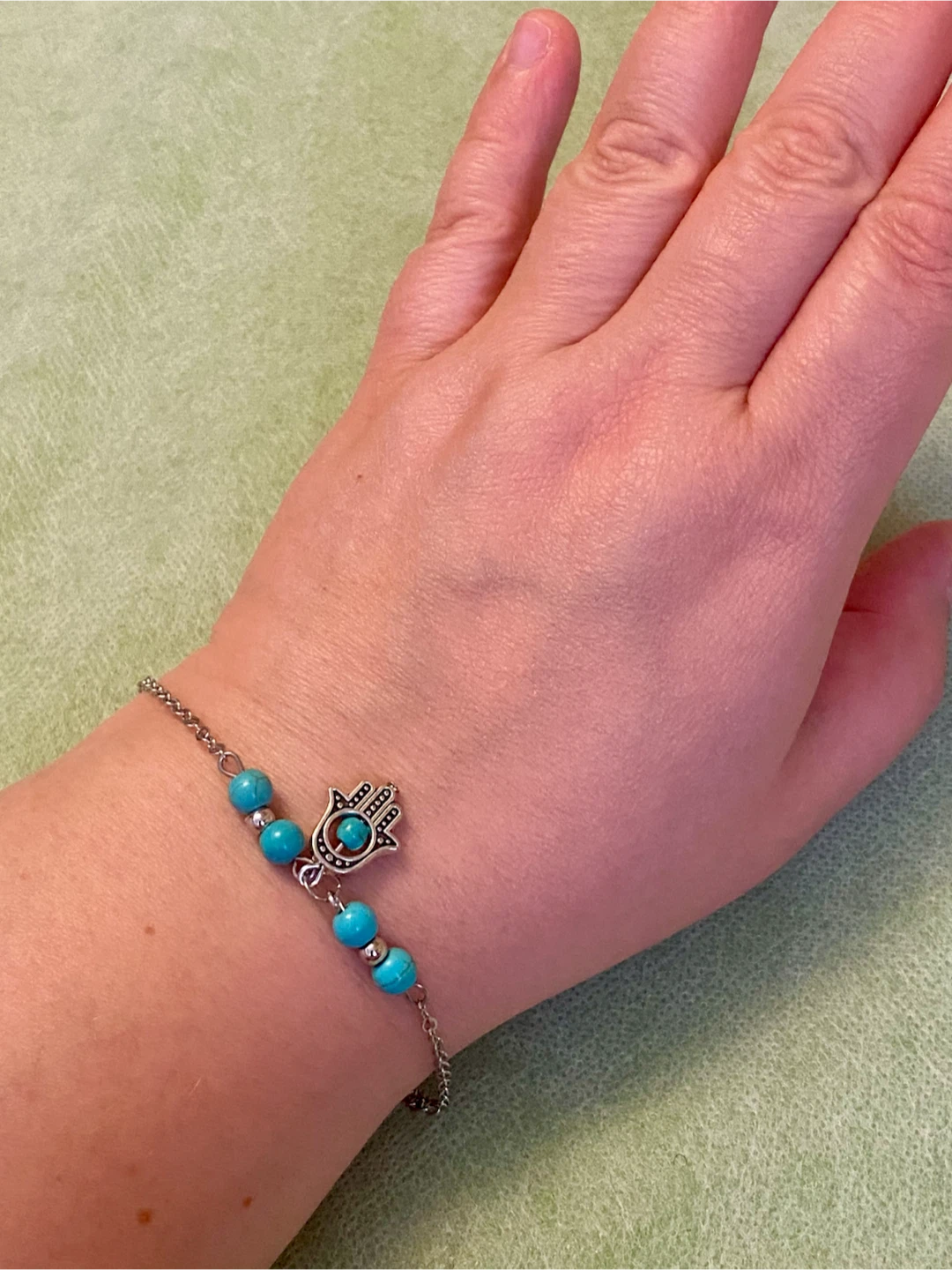 Silver Hamsa Hand Bracelet with Turquoise Beads - photo 3