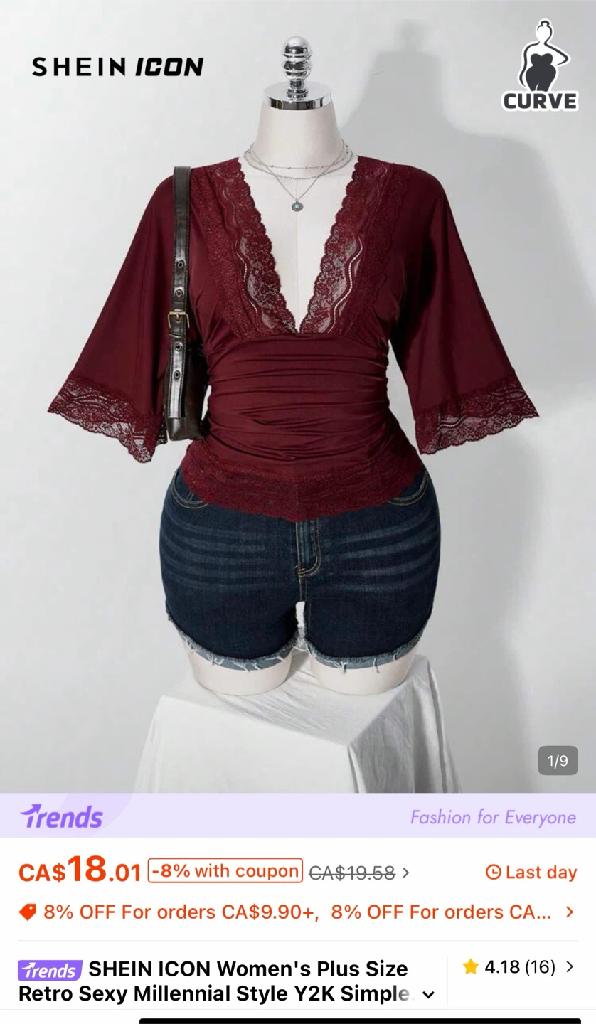 SHEIN ICON Women's Plus Size Burgundy Lace V-Neck Top