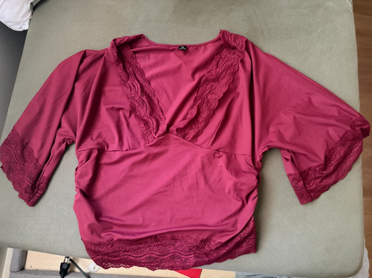 SHEIN ICON Women's Plus Size Burgundy Lace V-Neck Top - photo 2