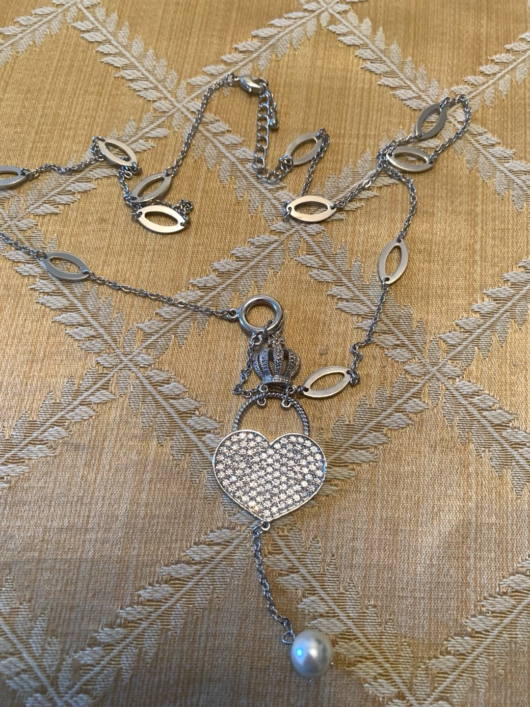 Heart and Crown Necklace with Pearl and Matching Earrings Set - photo 2
