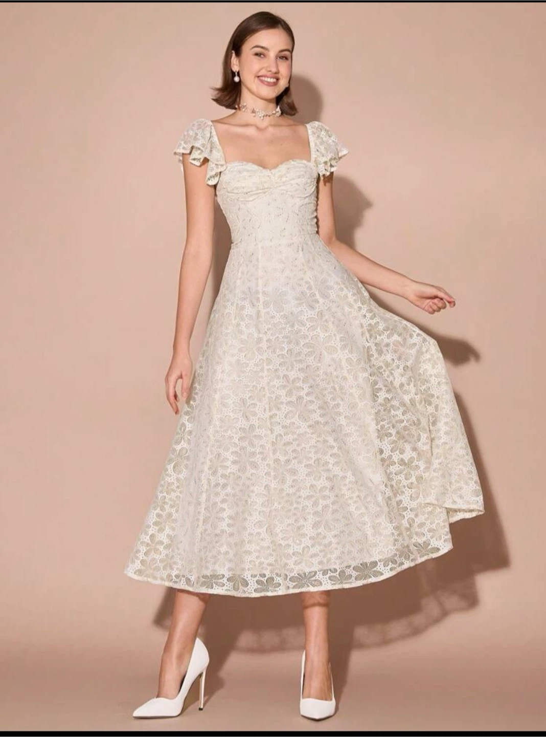 White Lace Flutter Sleeve Dress