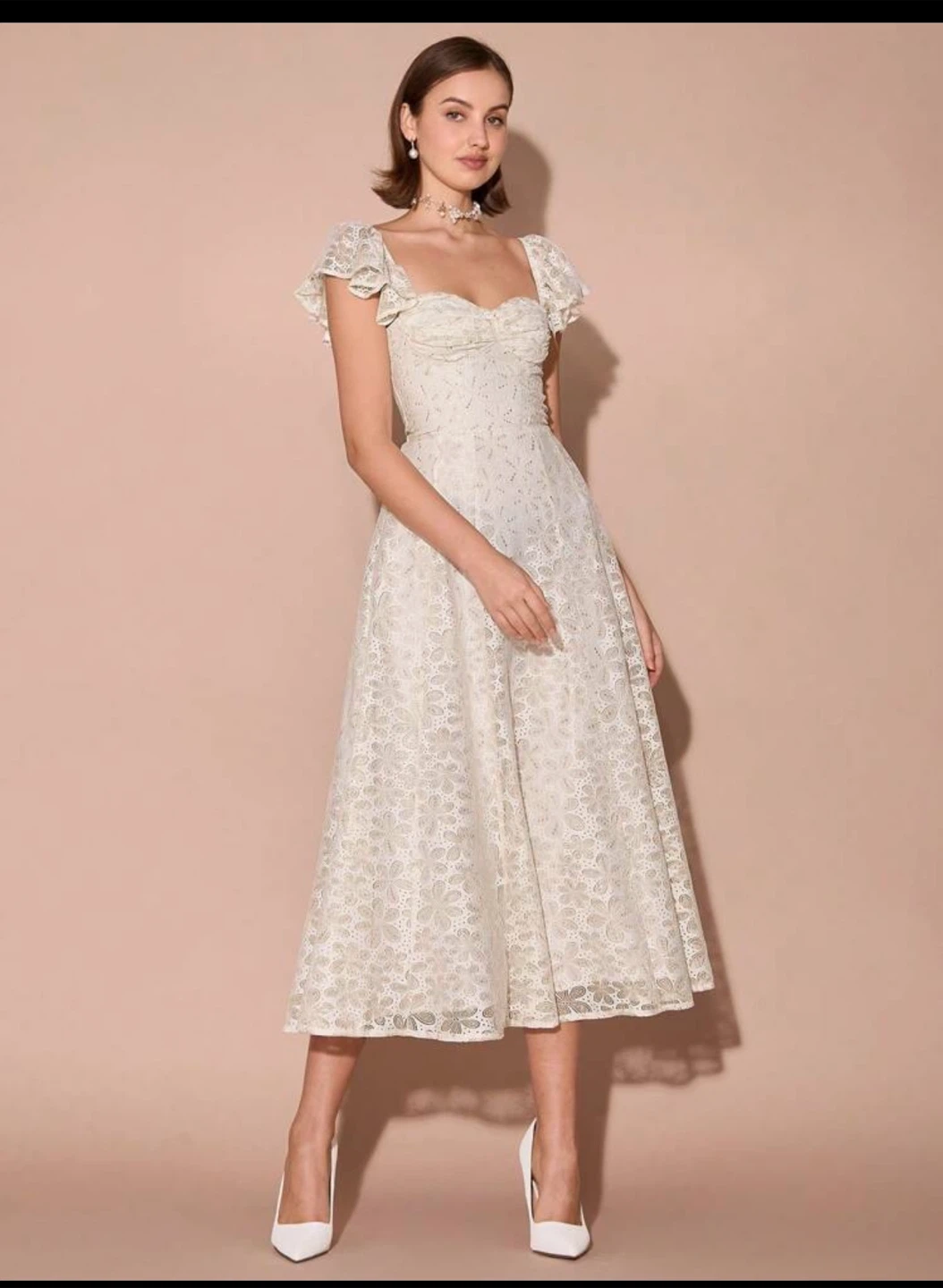 White Lace Flutter Sleeve Dress - photo 2