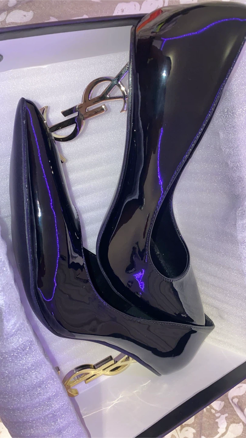 Yves Saint Laurent Black Patent Heels with Gold YSL Logo