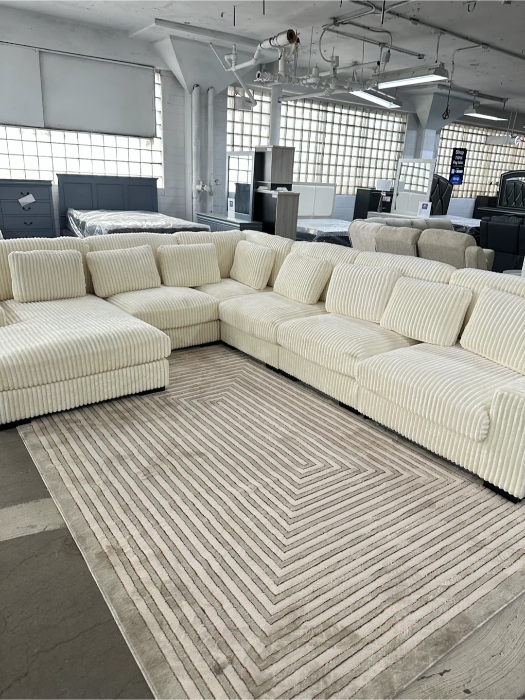 Cream Corduroy Sectional Sofa with Pillows