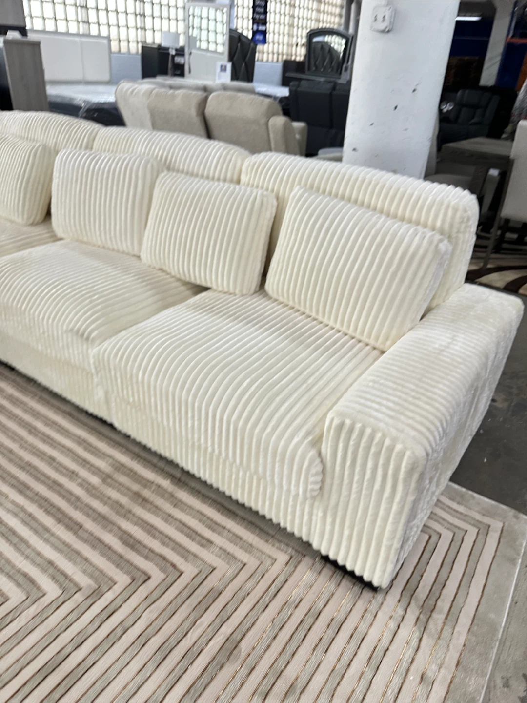 Cream Corduroy Sectional Sofa with Pillows - photo 2