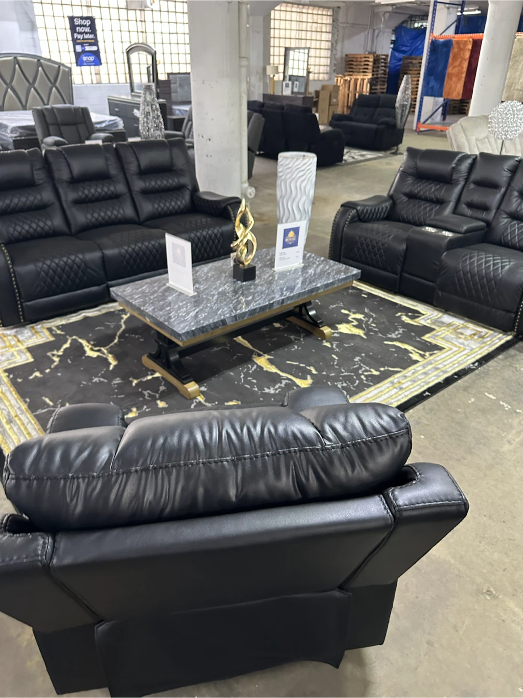 Black Leather Reclining Sofa Set with Tufted Design