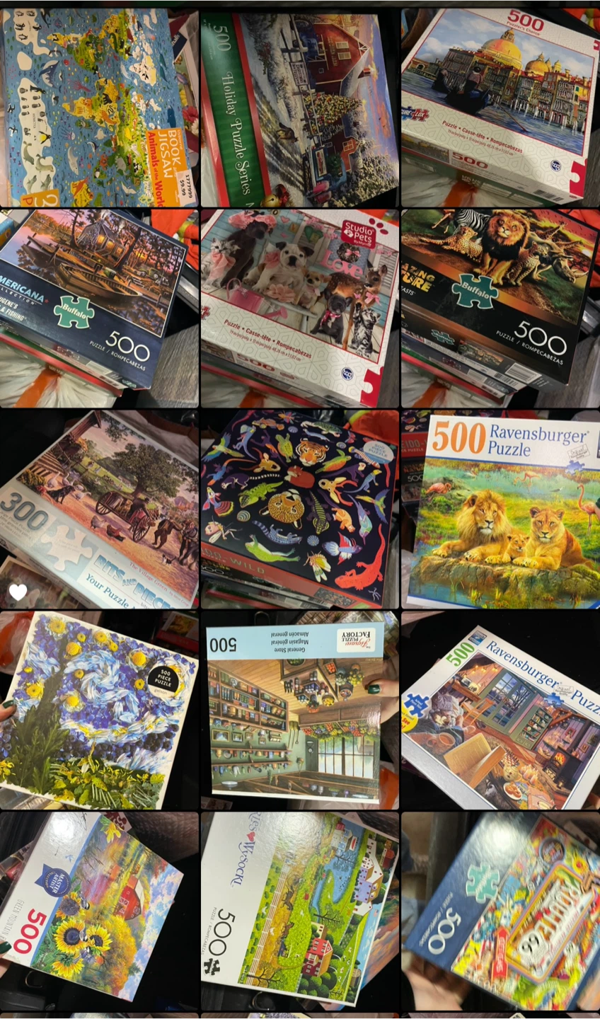 Puzzle lot (100 puzzles). 300, 500, 550, 700, 1000 pieces.