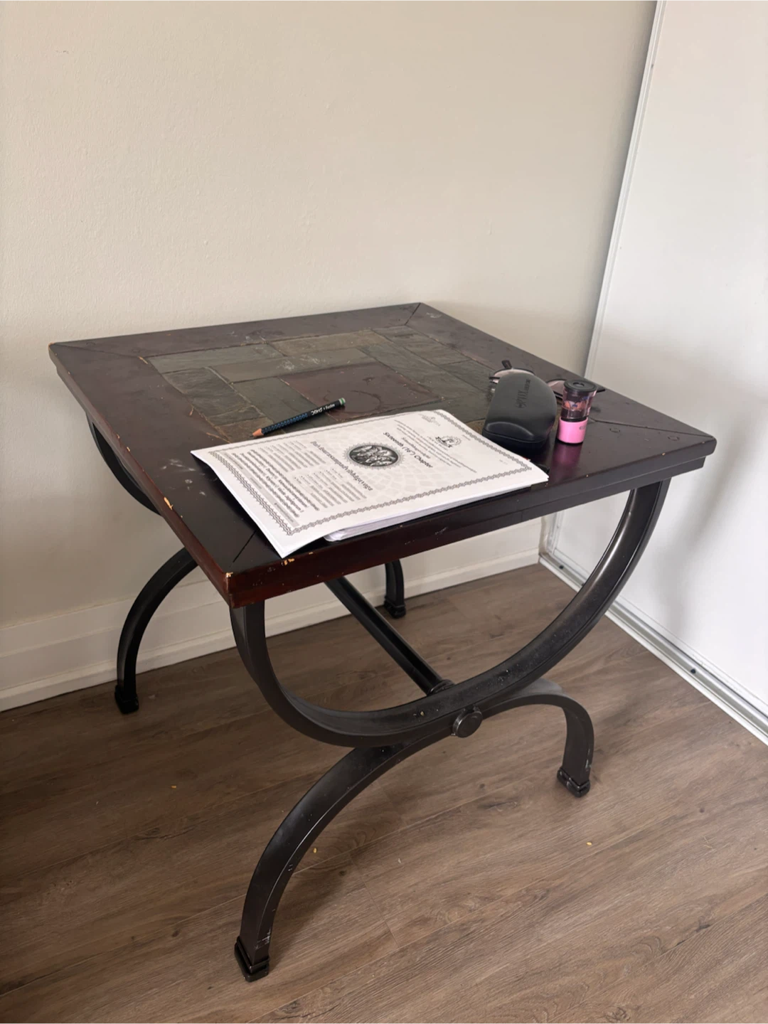Dark Wood Side Table with Decorative Top