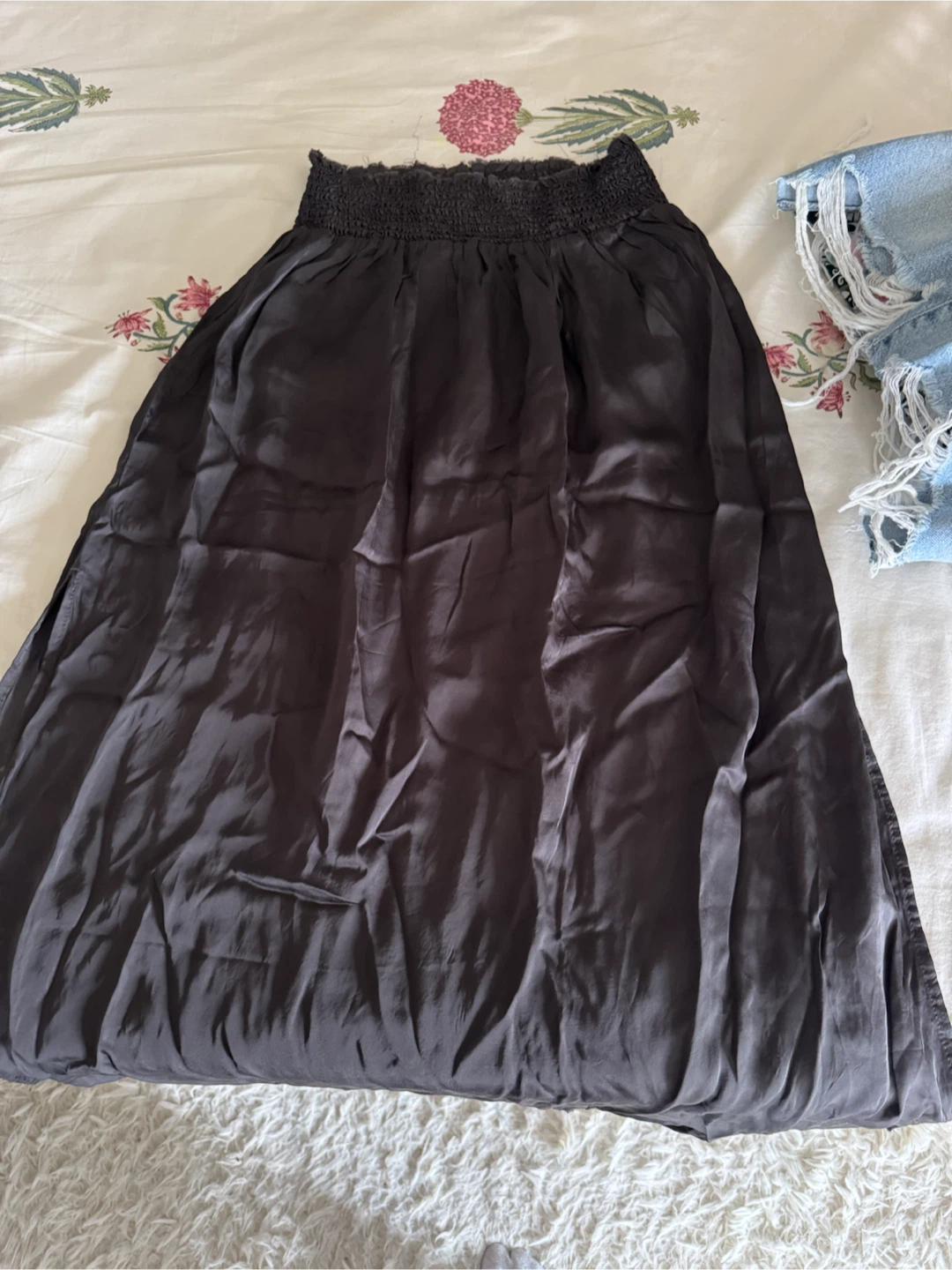 Black Smocked Waist Maxi Skirt