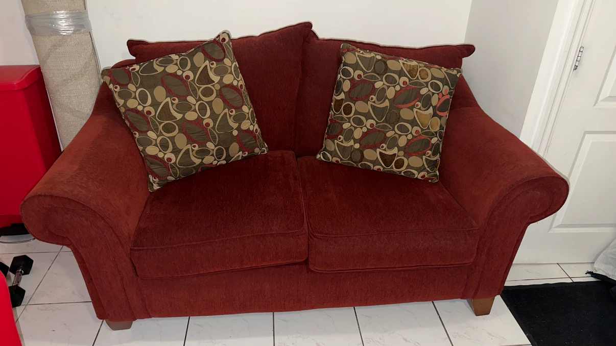 Dark Red Loveseat with Accent Pillows - photo 2