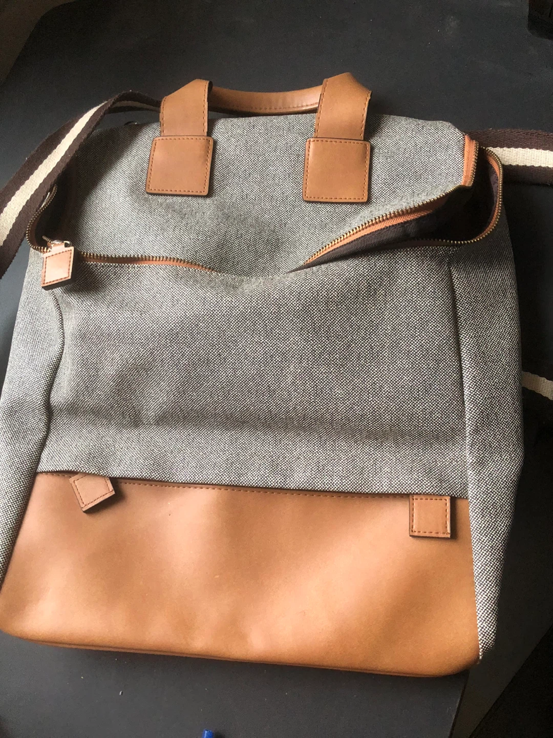 Gray Tweed and Tan Leather Messenger Bag