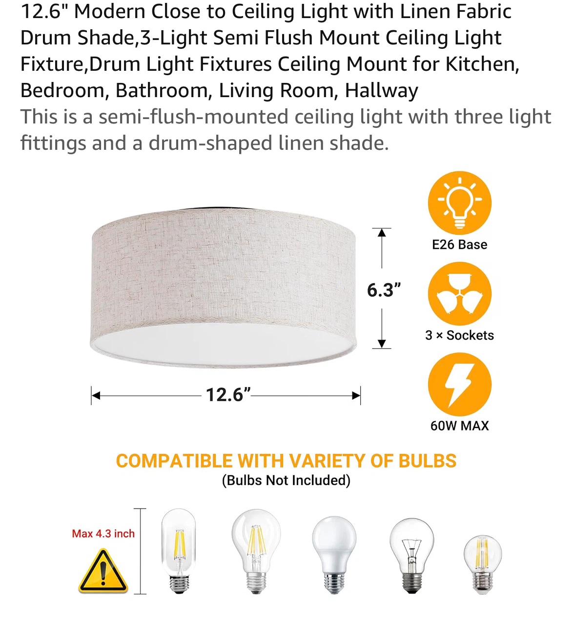12.6" Modern Semi-Flush Ceiling Light Fixture - photo 2