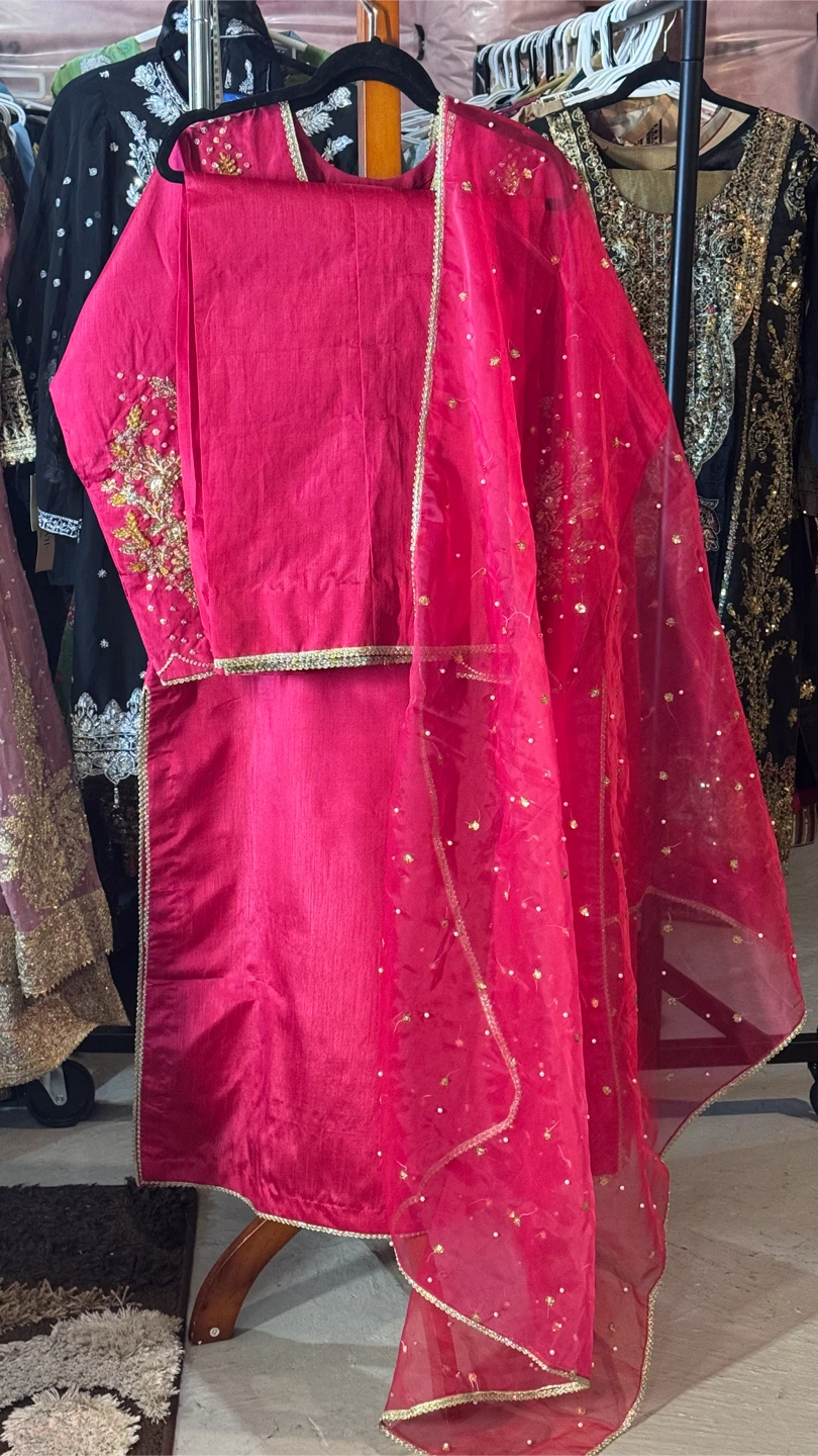 Formal raw silk with gold pearls embroidered suit