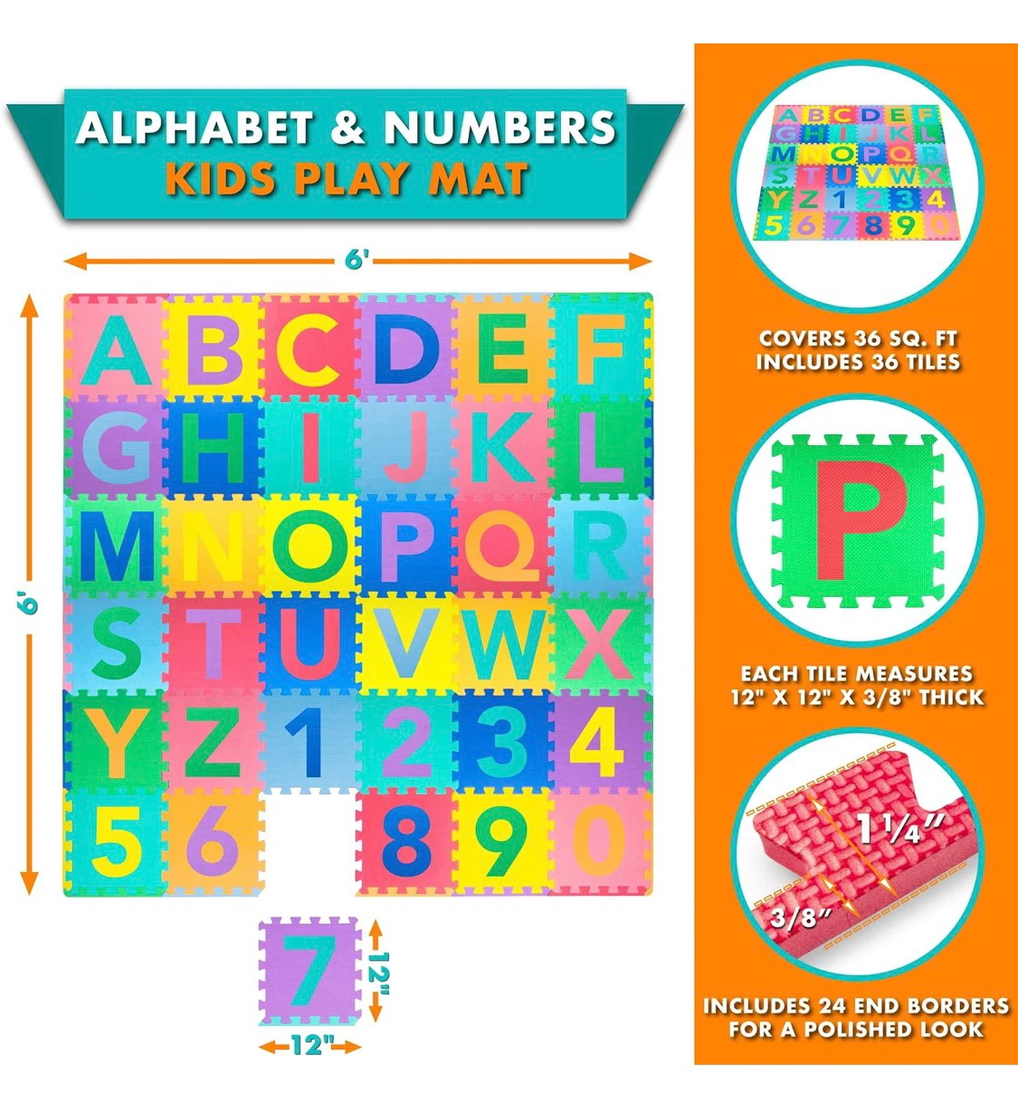 Alphabet & Numbers Kids Play Mat - 6'x6' - photo 2