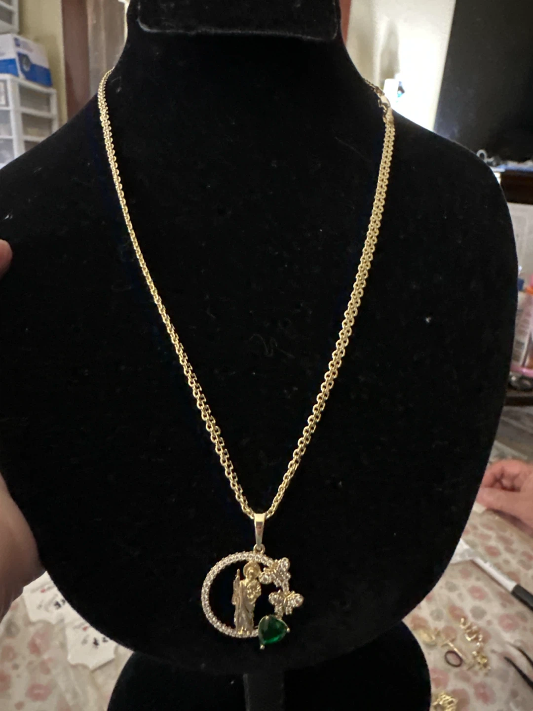 14kGold laminated St. Jude Necklace with Green Emerald Heart