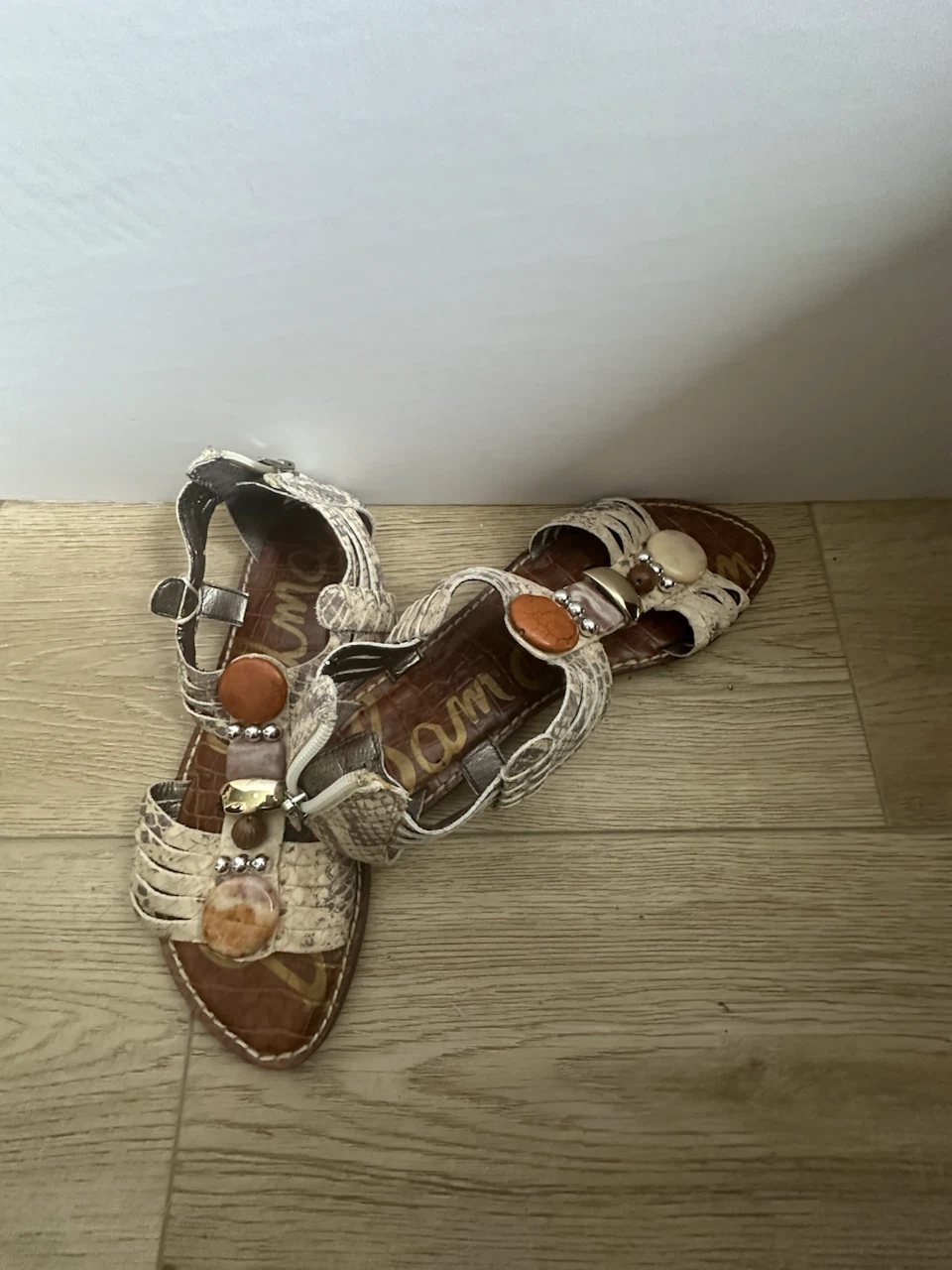 Sam Edelman Embellished Snake Print Flat Sandals