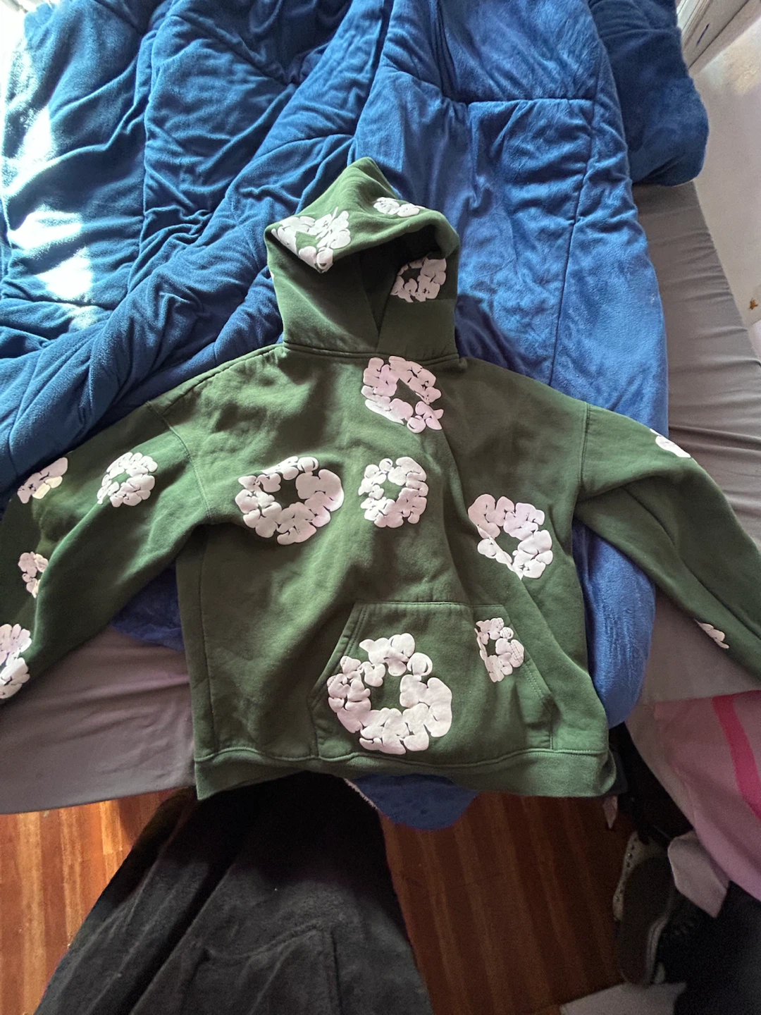 Green Hoodie with White Flower Design