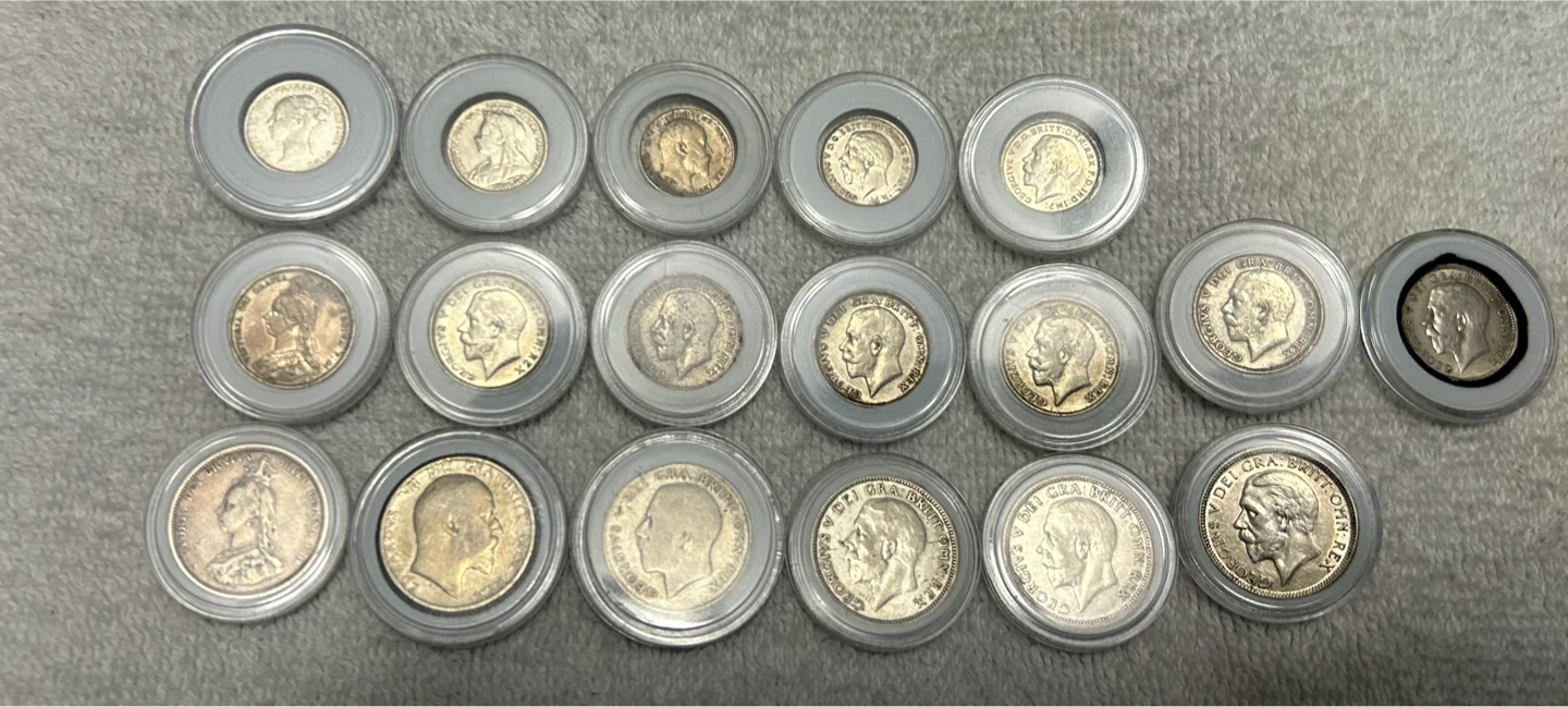 Antique English Silver Coins: Threepence, Sixpence & Shillings