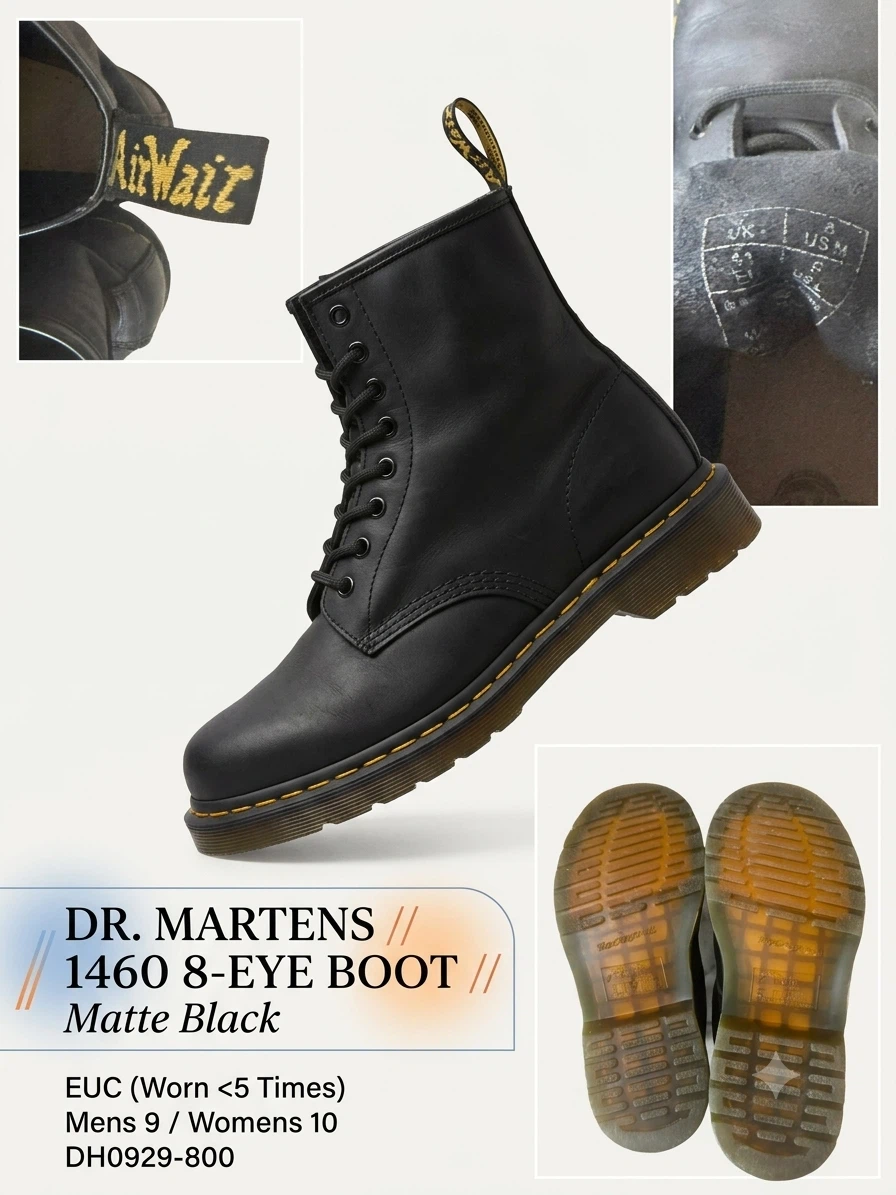 Dr Martens 1460 Black Leather 8 Eye Boots Mens 9 Womens 10