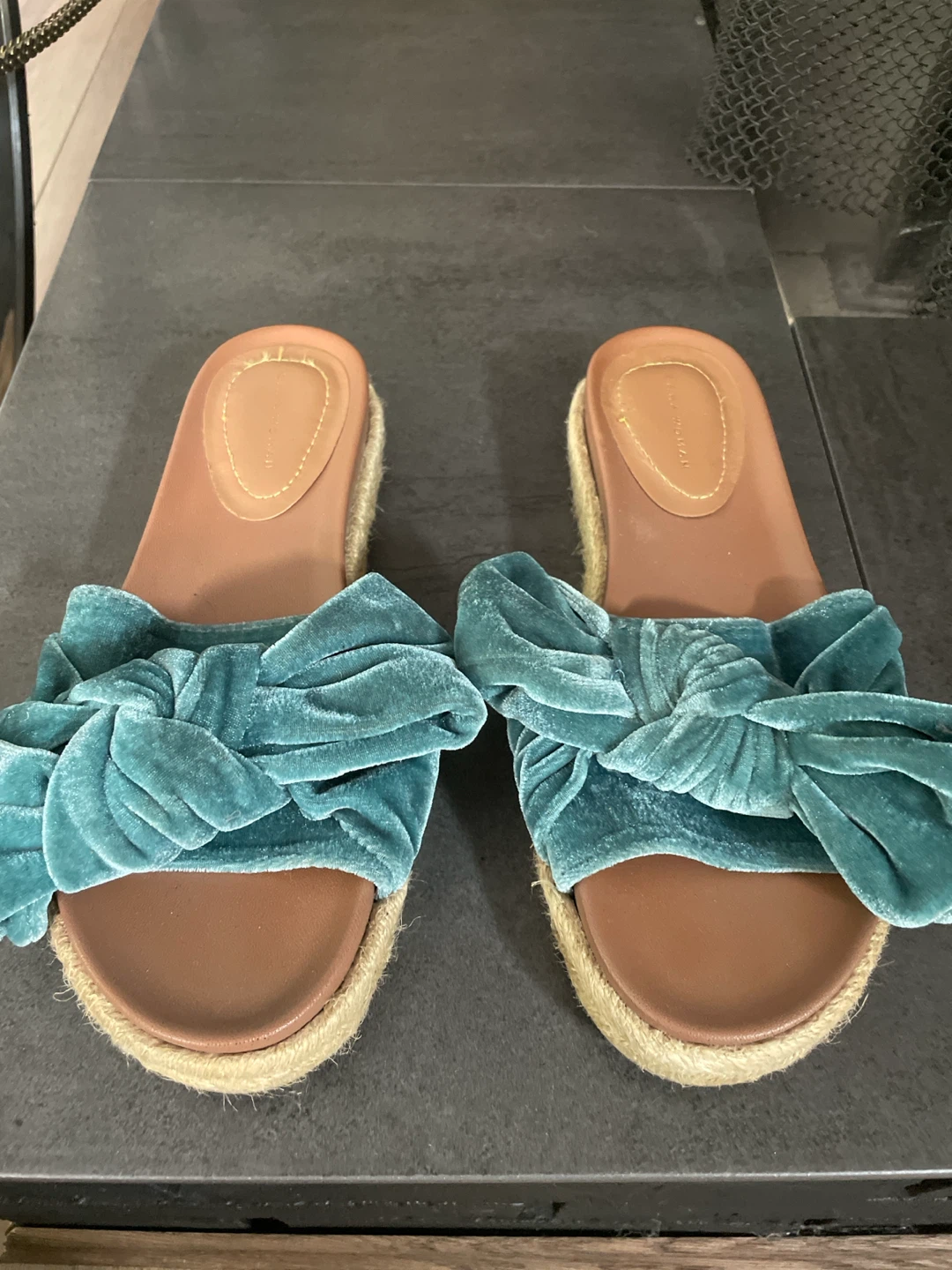 ZARA WOMAN Teal Velvet Knot Slides Espadrille Sandals