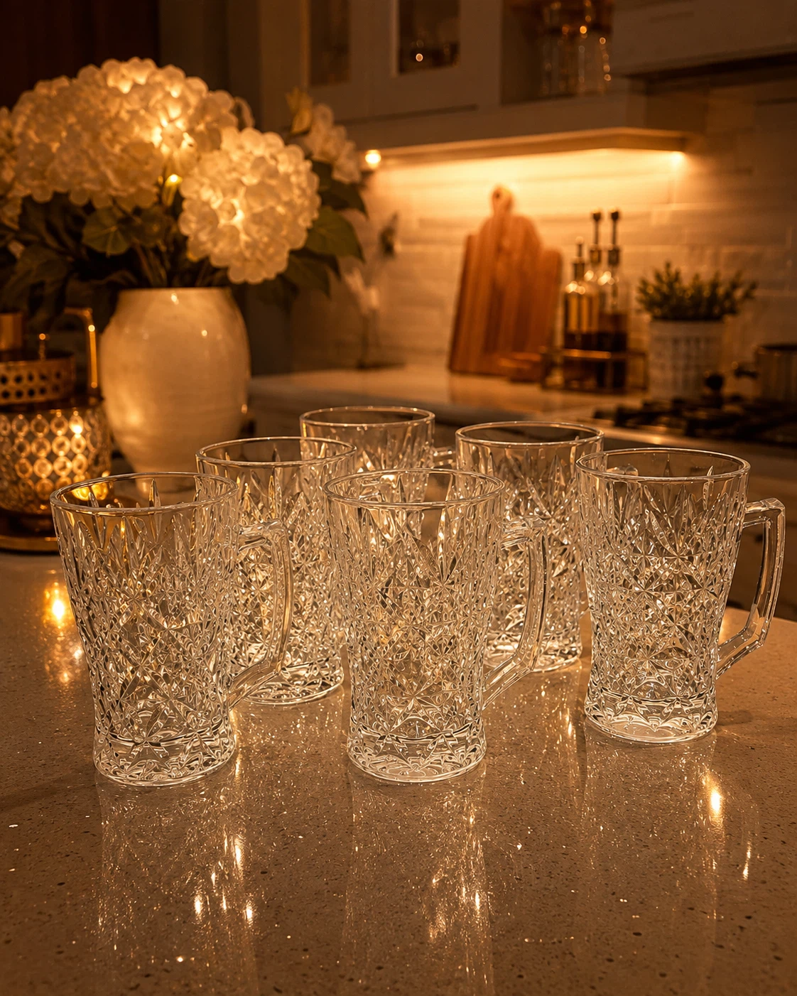 Set of 7 Crystal Cut Glass Mugs