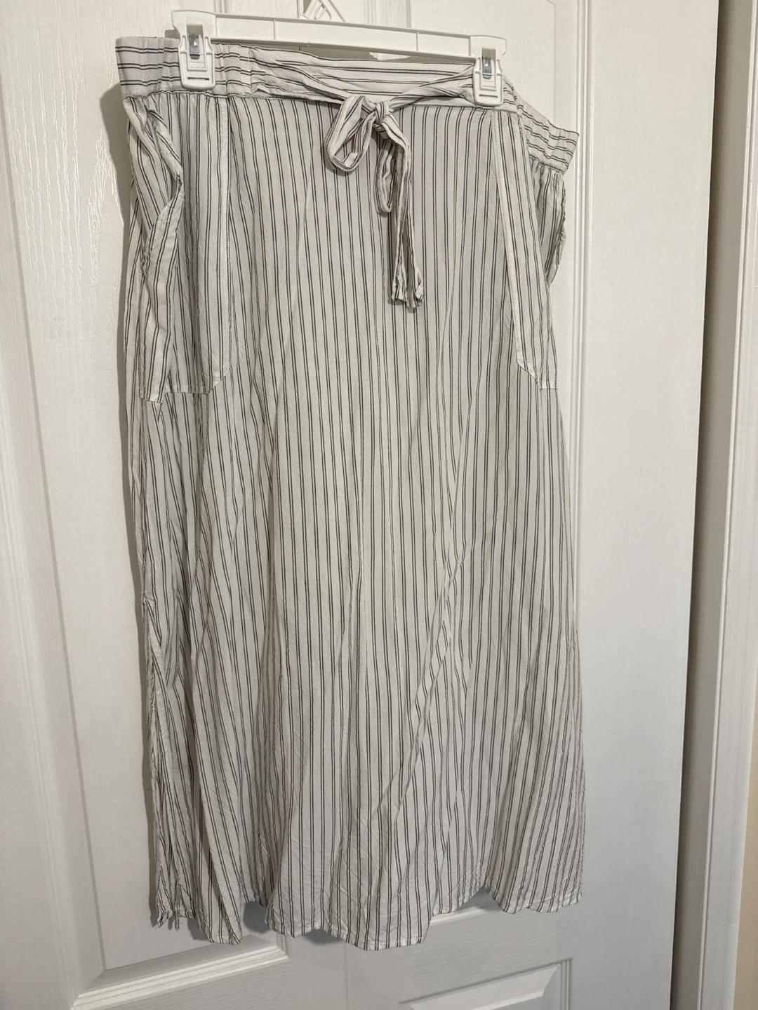 White & Black Striped Midi Skirt