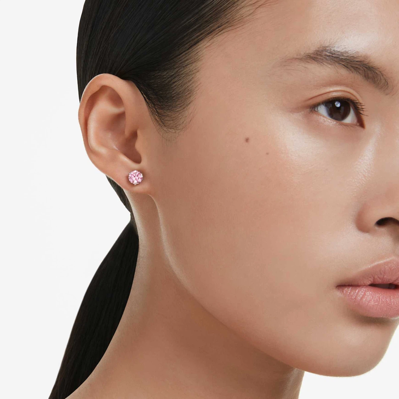 Swarovski Solitaire stud earrings Round cut Pink Rhodium plated