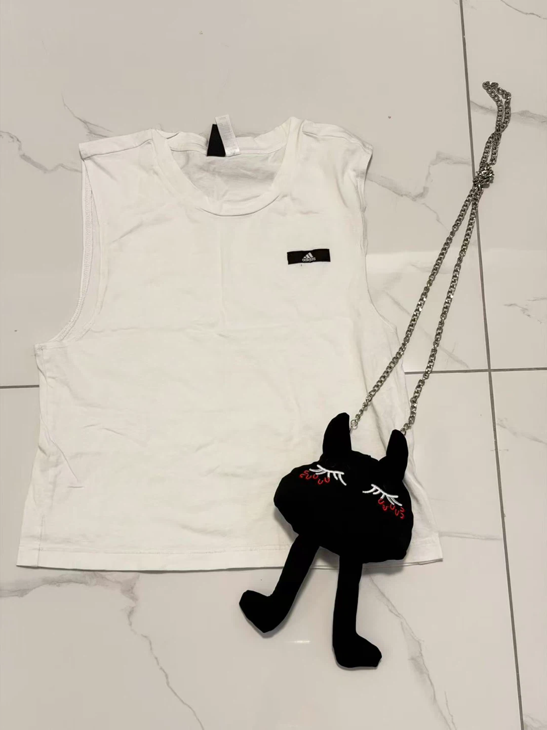 Adidas White Sleeveless T-Shirt with Adorable Black Cat Bag