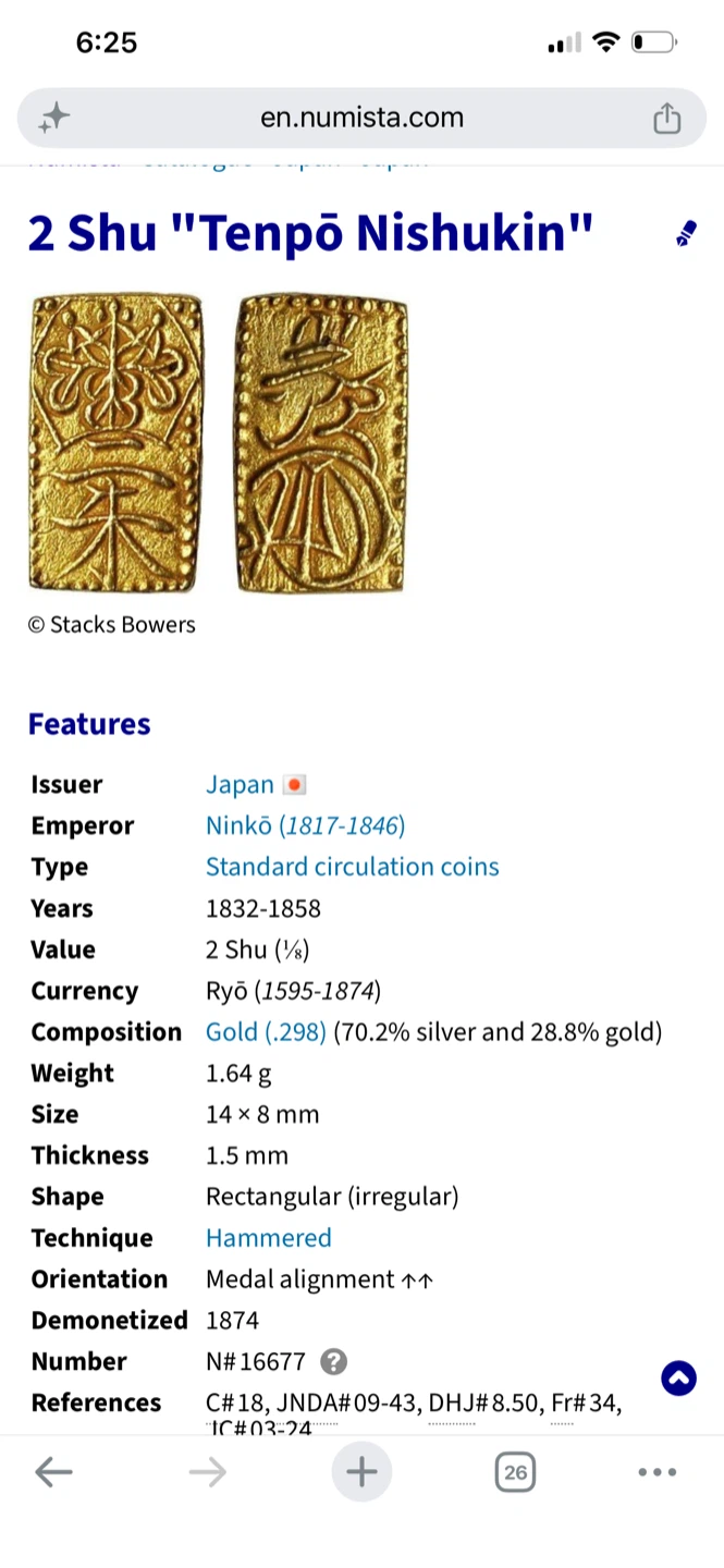 GOLD 2 Shu "Tenpō Nishukin" Coin - photo 3