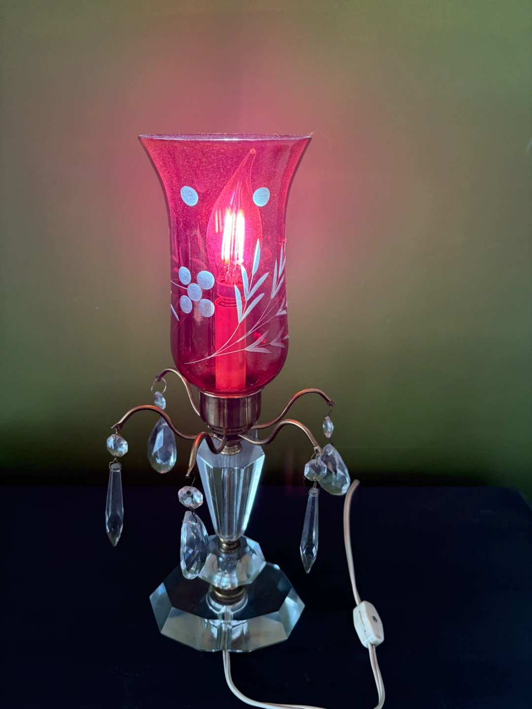 Antique Cranberry etched Glass Crystal Table Lamp