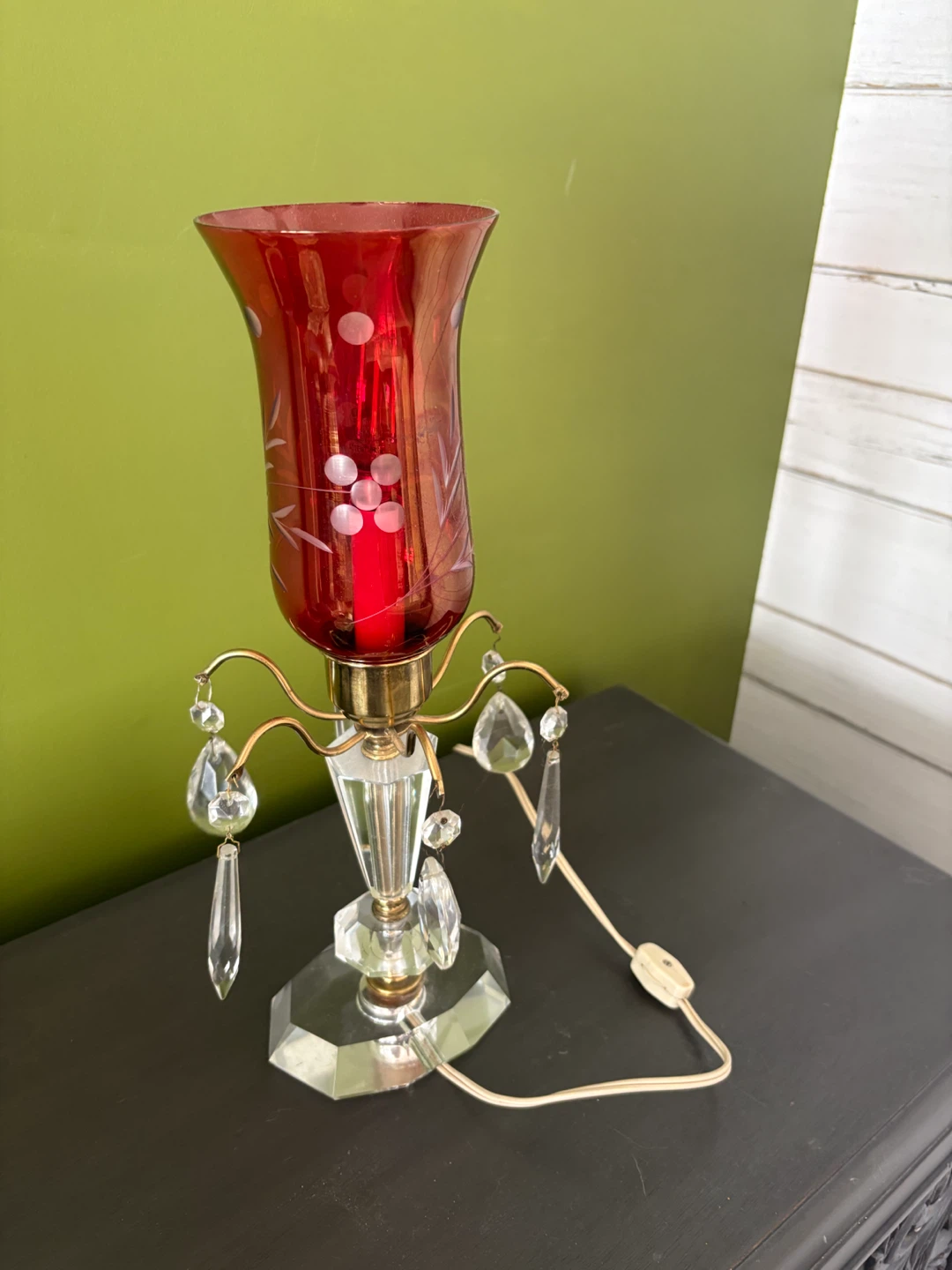 Antique Cranberry etched Glass Crystal Table Lamp - photo 2