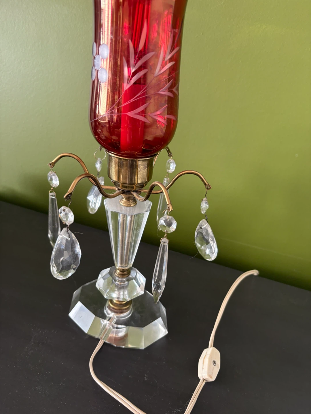 Antique Cranberry etched Glass Crystal Table Lamp - photo 5