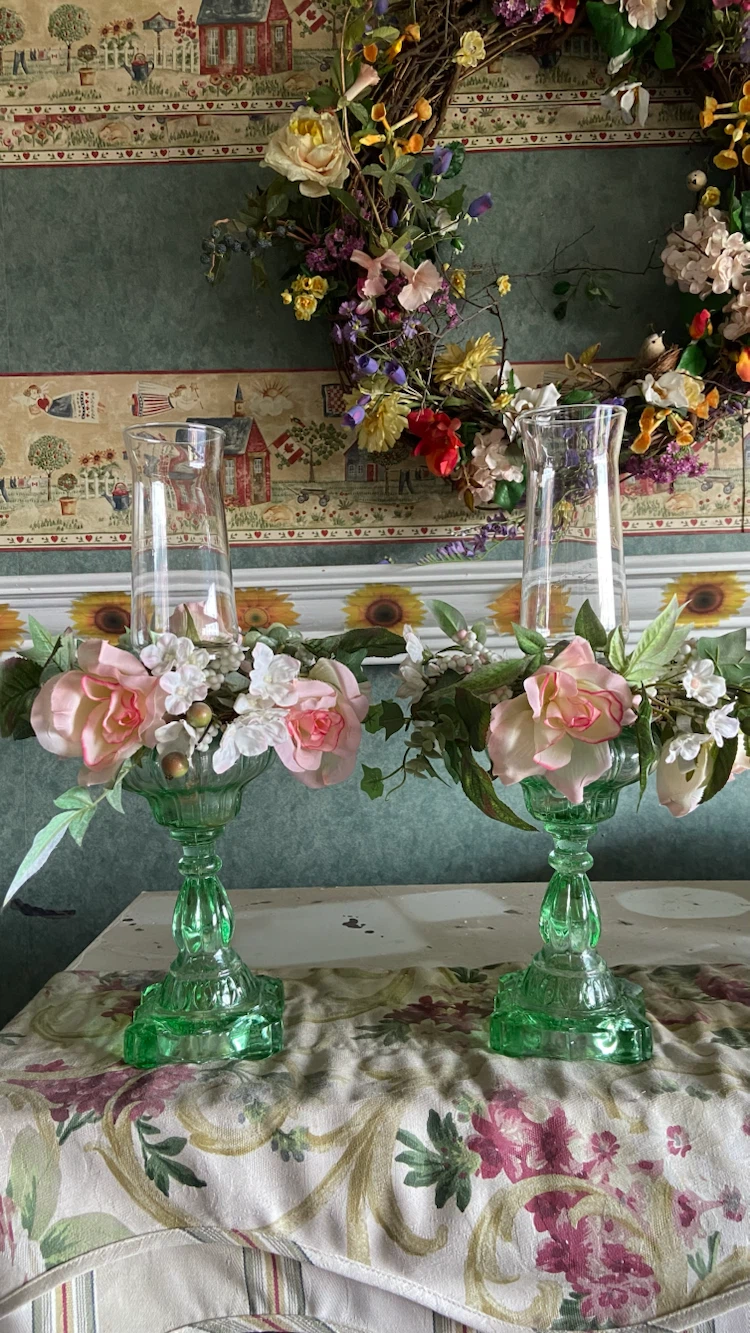 Green Glass Candlestick Lamps - Pair