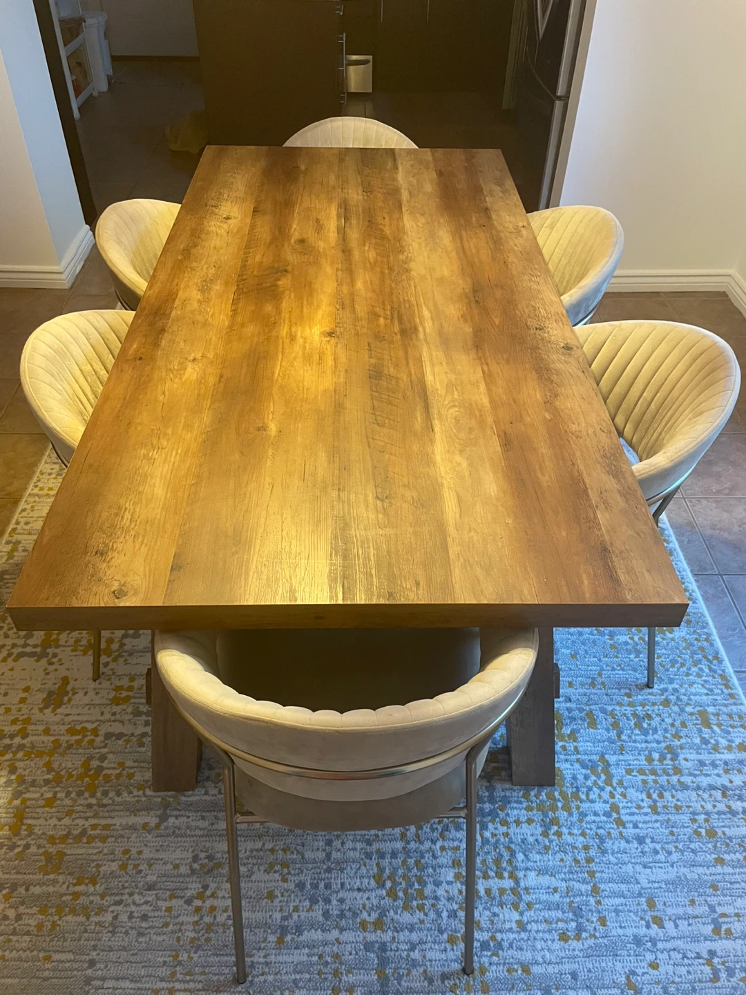 Solid Wood Dining Table with 6 Velvet Chairs