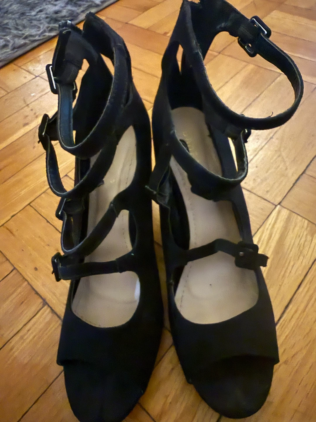 Black Strappy Peep Toe Heels with Zipper Back