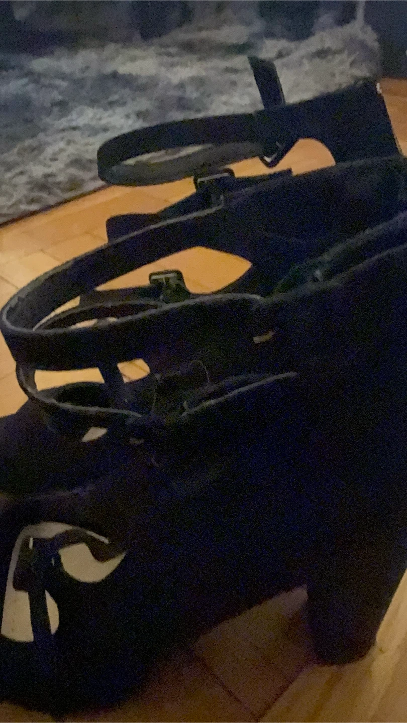 Black Strappy Peep Toe Heels with Zipper Back - photo 2