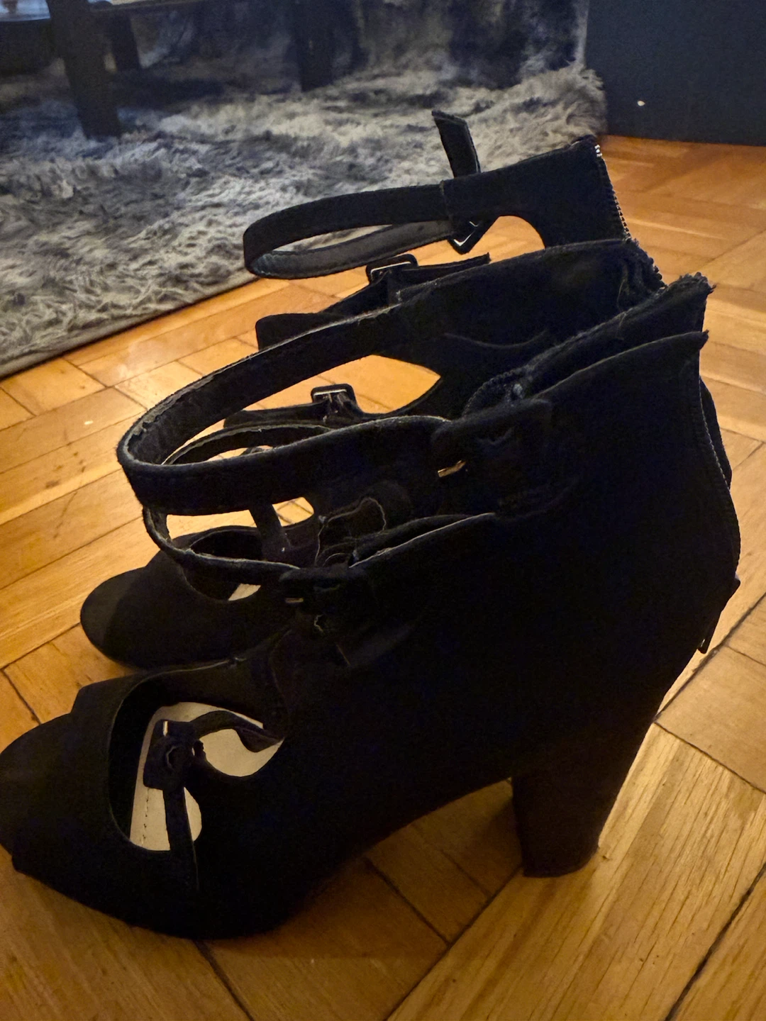 Black Strappy Peep Toe Heels with Zipper Back - photo 3