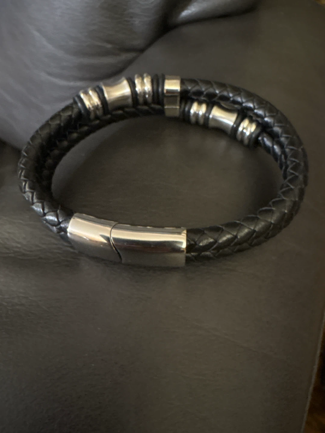 Men's Leather Bracelet with Stainless Steel Clasp - photo 2