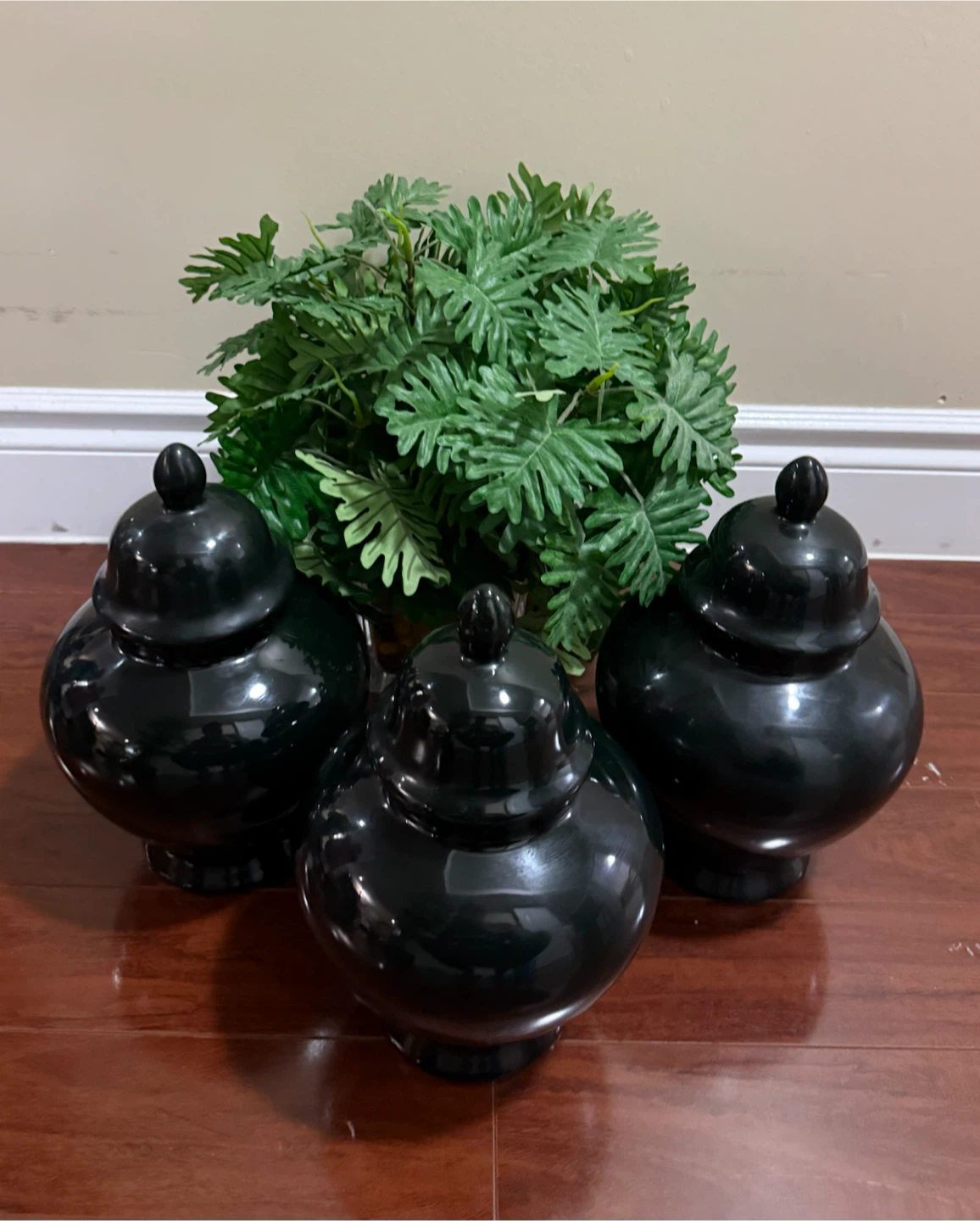 Set of 3 Black Ceramic Ginger Jars With Plant
