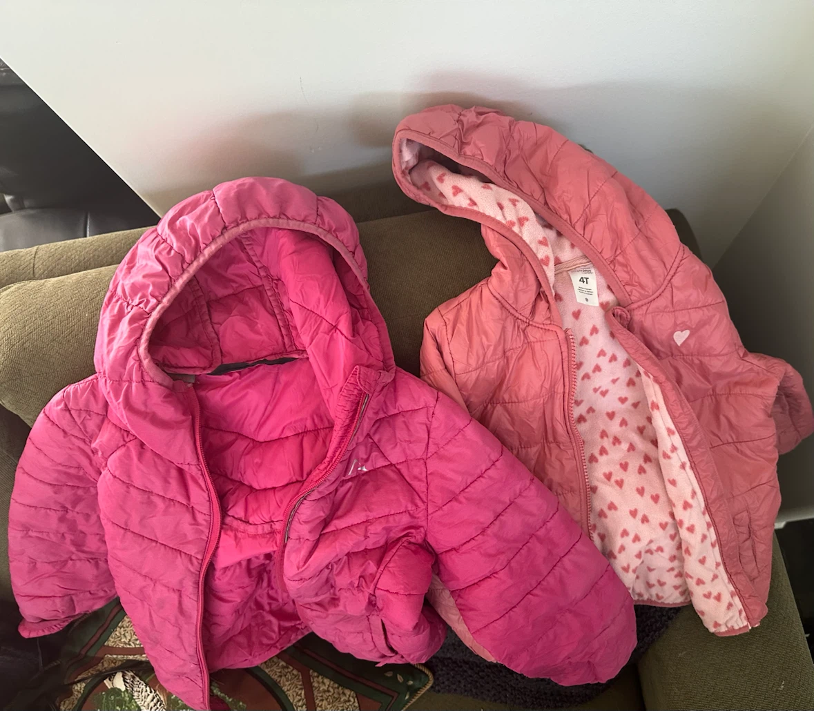 2 Toddler Puffer Jackets - Pink & Rose with Hearts