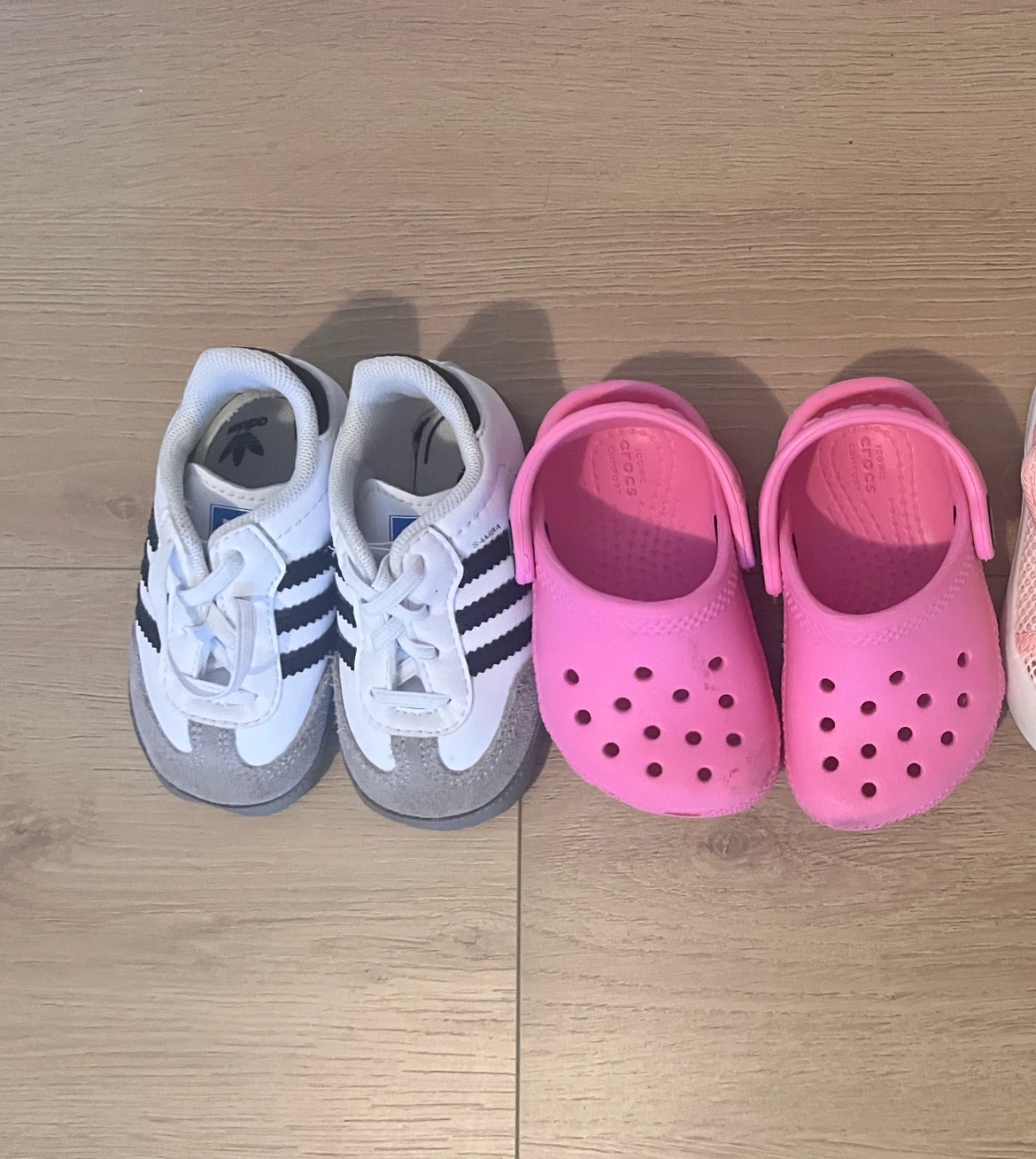 Size 4 Adidas Samba Crib Shoes & Pink Crocs