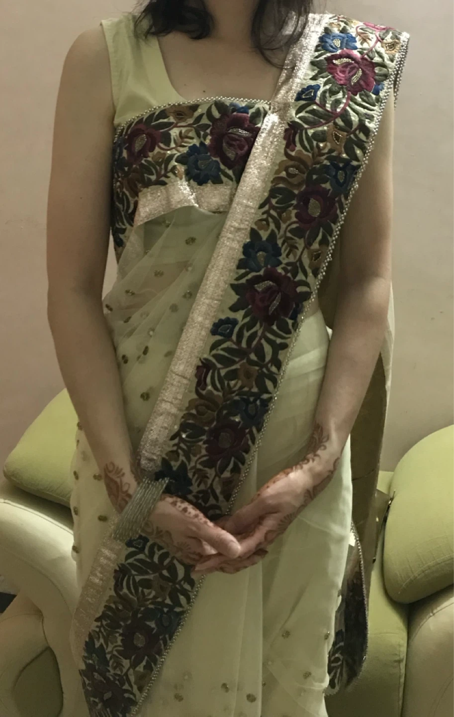 Cream and Navy Embroidered Saree Blouse with Dupatta