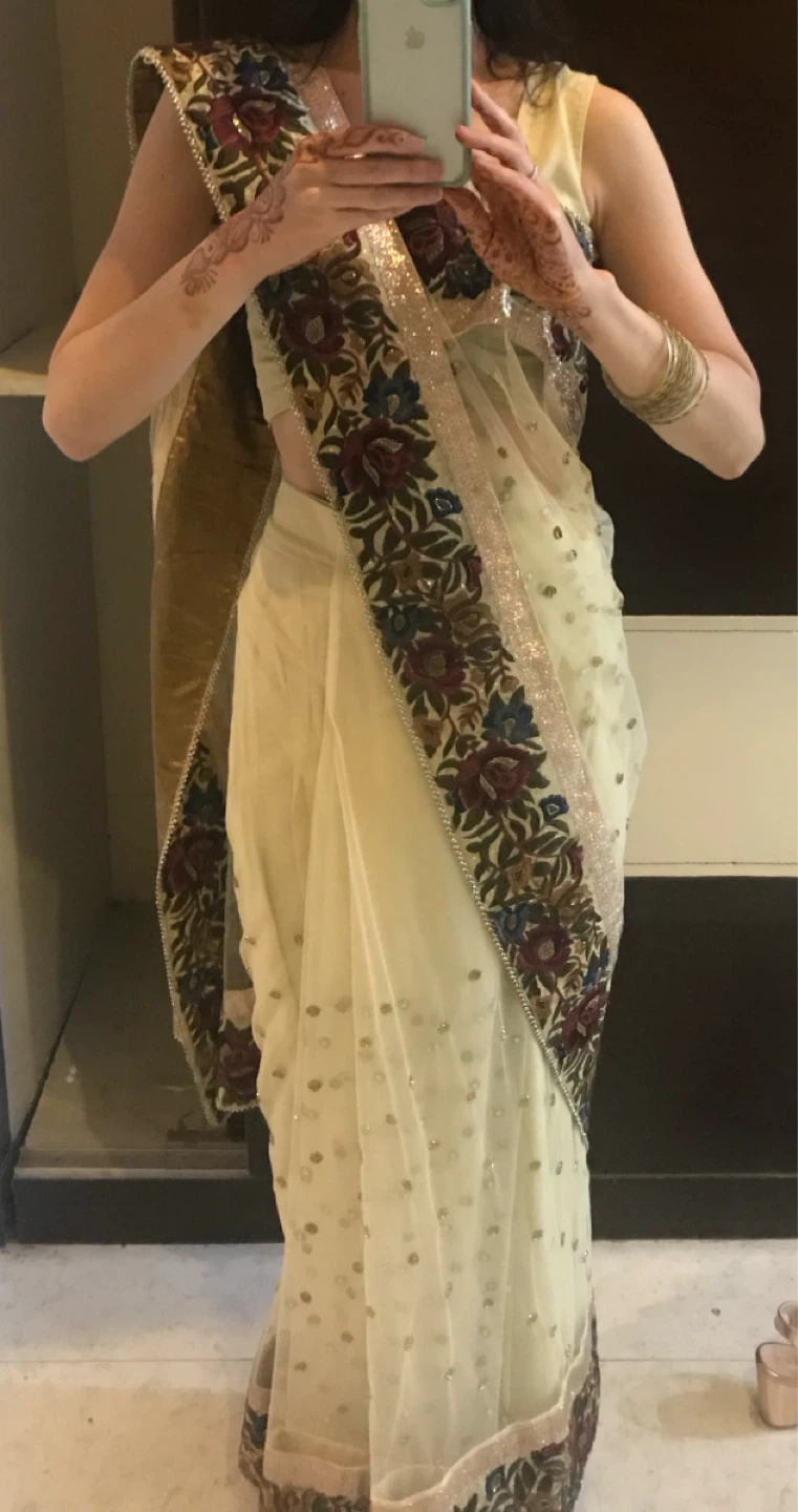 Cream and Navy Embroidered Saree Blouse with Dupatta - photo 2