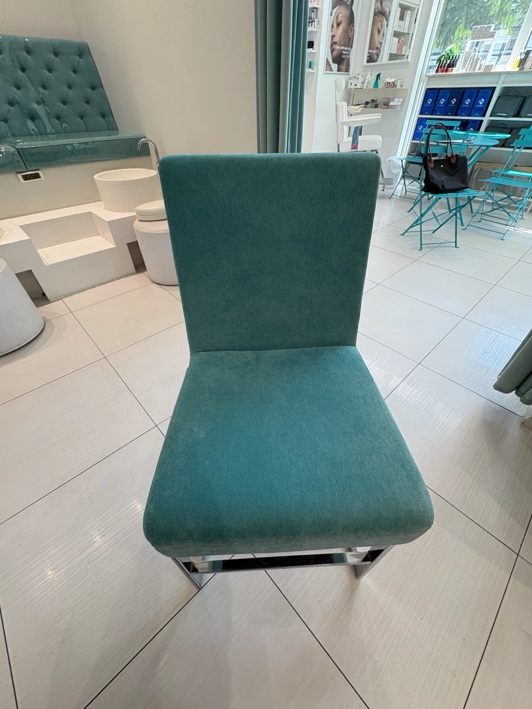 Teal Upholstered Dining Chair with Chrome Base - photo 4