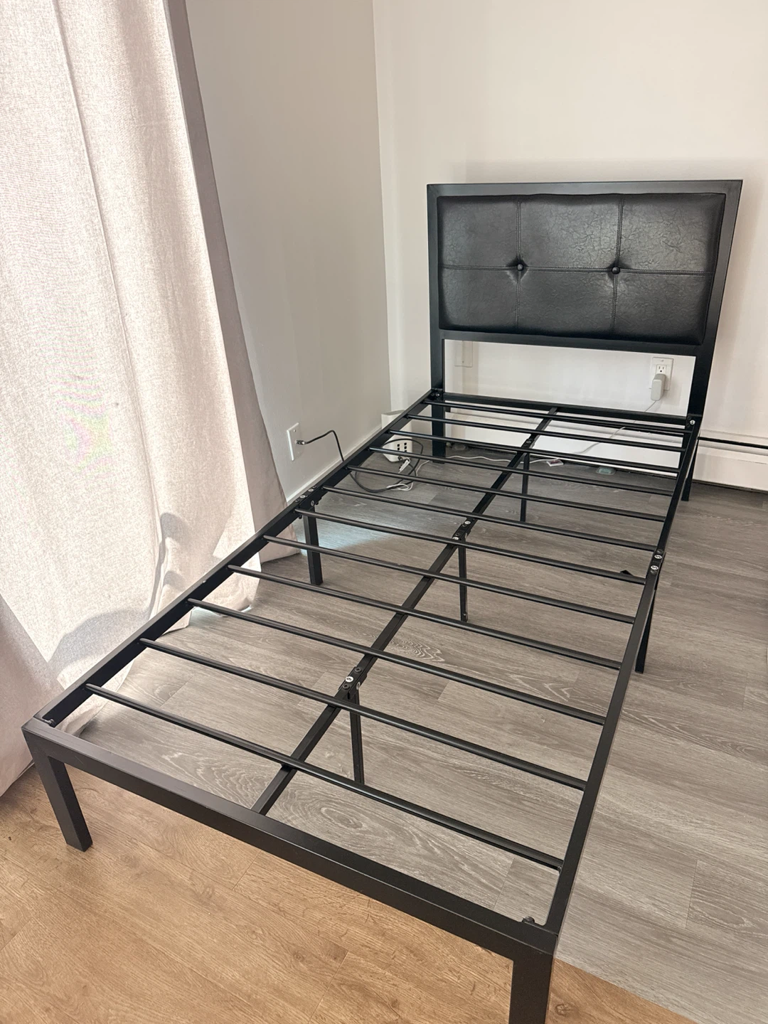 Black Metal Bed Frame with Padded Headboard