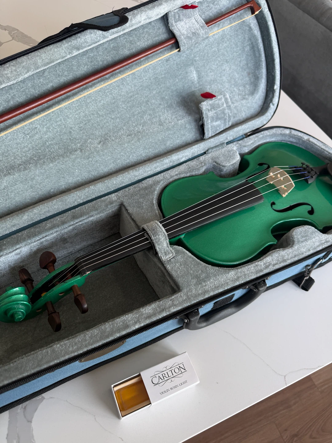 green violin with case and bow - photo 2