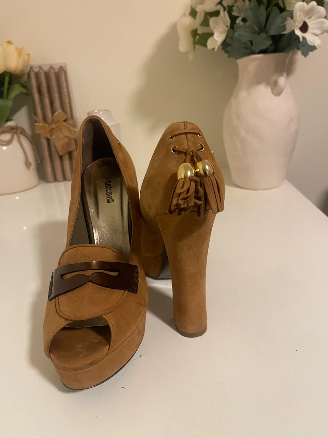 Just Cavalli Brown Suede Peep Toe Heels Size 37 - photo 3